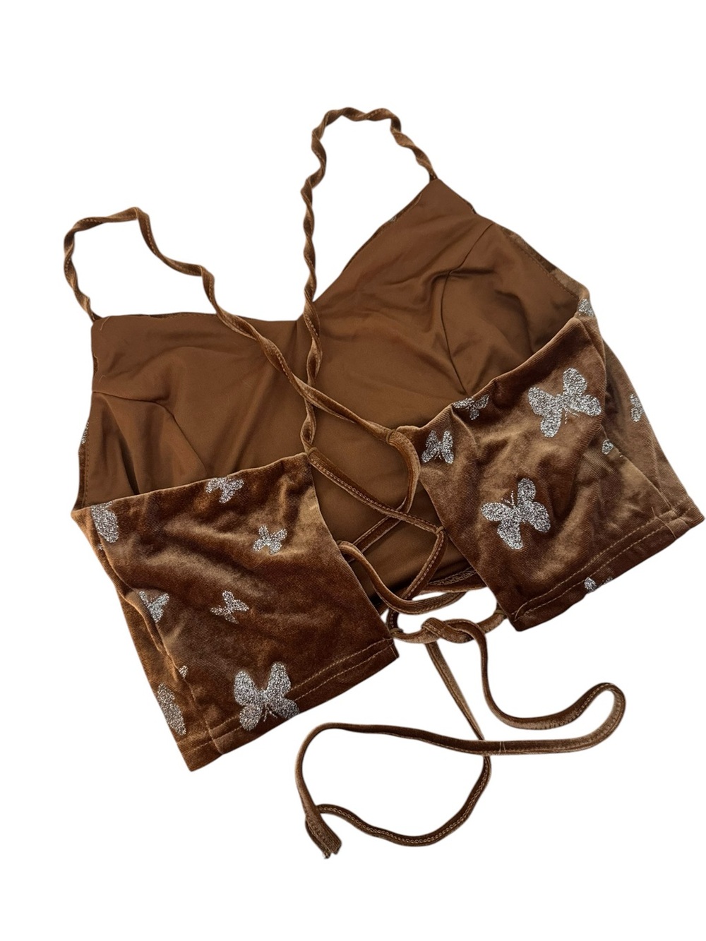 Velvet Lace-Up Crop Top with Silver Butterfly Accents - Brown